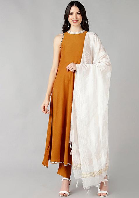 Mustard Solid Poly Silk Kurta Set