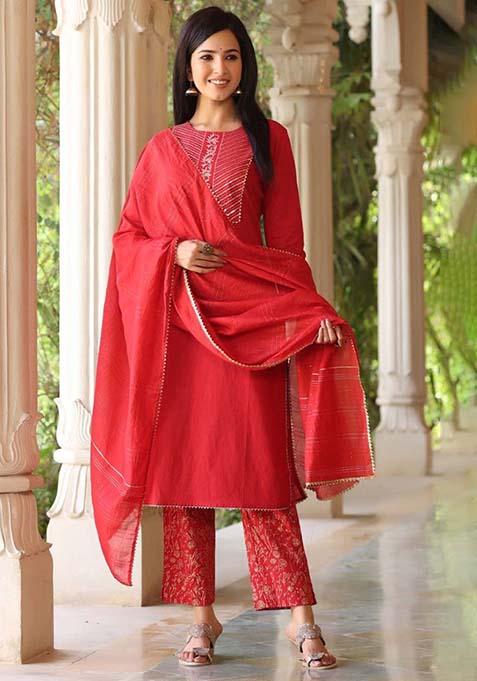 Red Embroidered Rayon Blend Kurta Set