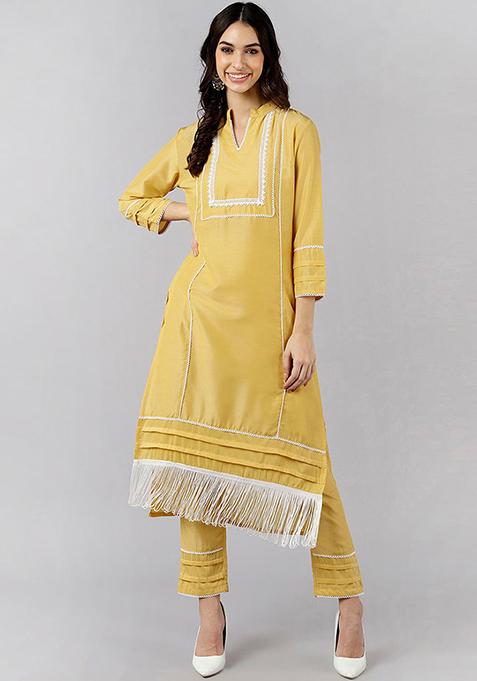 Yellow Solid Poly Silk Kurta Set