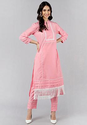 Pink Solid Poly Silk Kurta Set