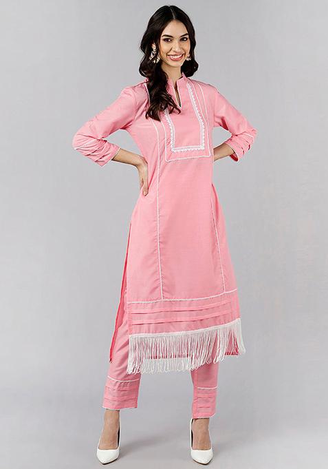 Pink Solid Poly Silk Kurta Set