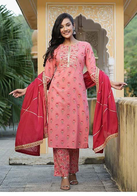 Pink Printed Cotton Kurta Set