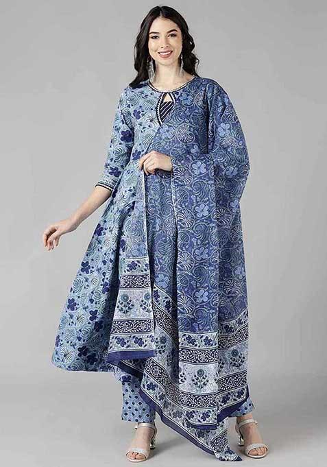 Blue Printed Cotton Kurta Set