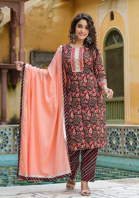 Brown Printed Cotton Kurta Set