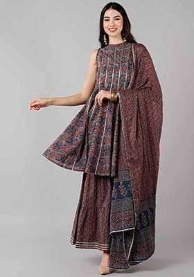 Blue Printed Cotton Kurta Set