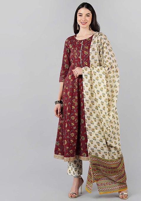 Maroon Printed Cotton Kurta Set