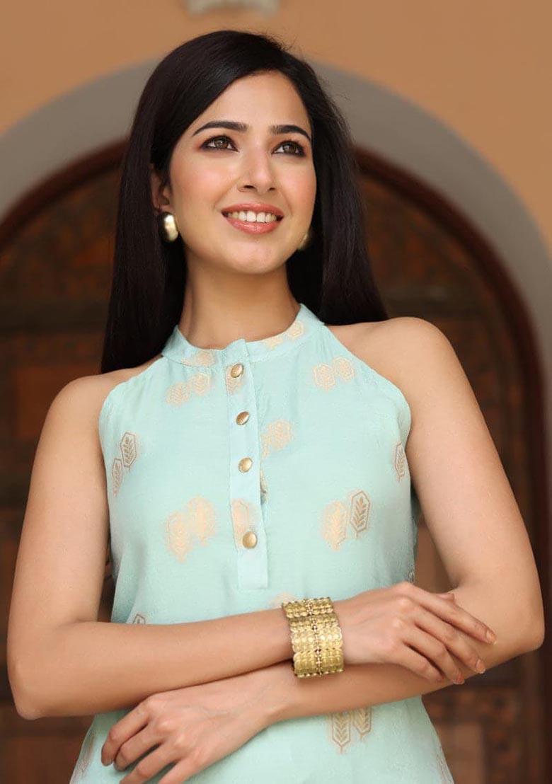 Blue Printed Poly Chanderi Kurta Set