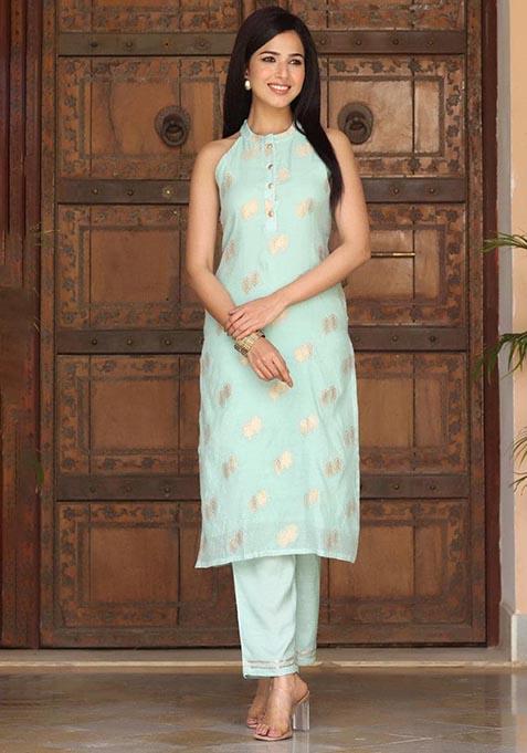 Blue Printed Poly Chanderi Kurta Set