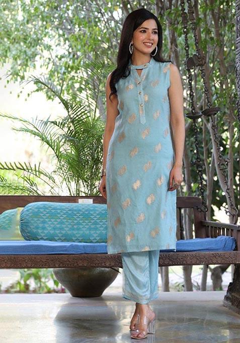 Blue Printed Poly Chanderi Kurta Set