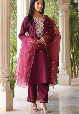 Wine Embroidered Poly Silk Kurta Set