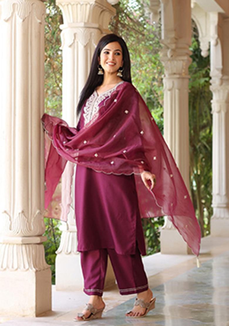 Wine Embroidered Poly Silk Kurta Set
