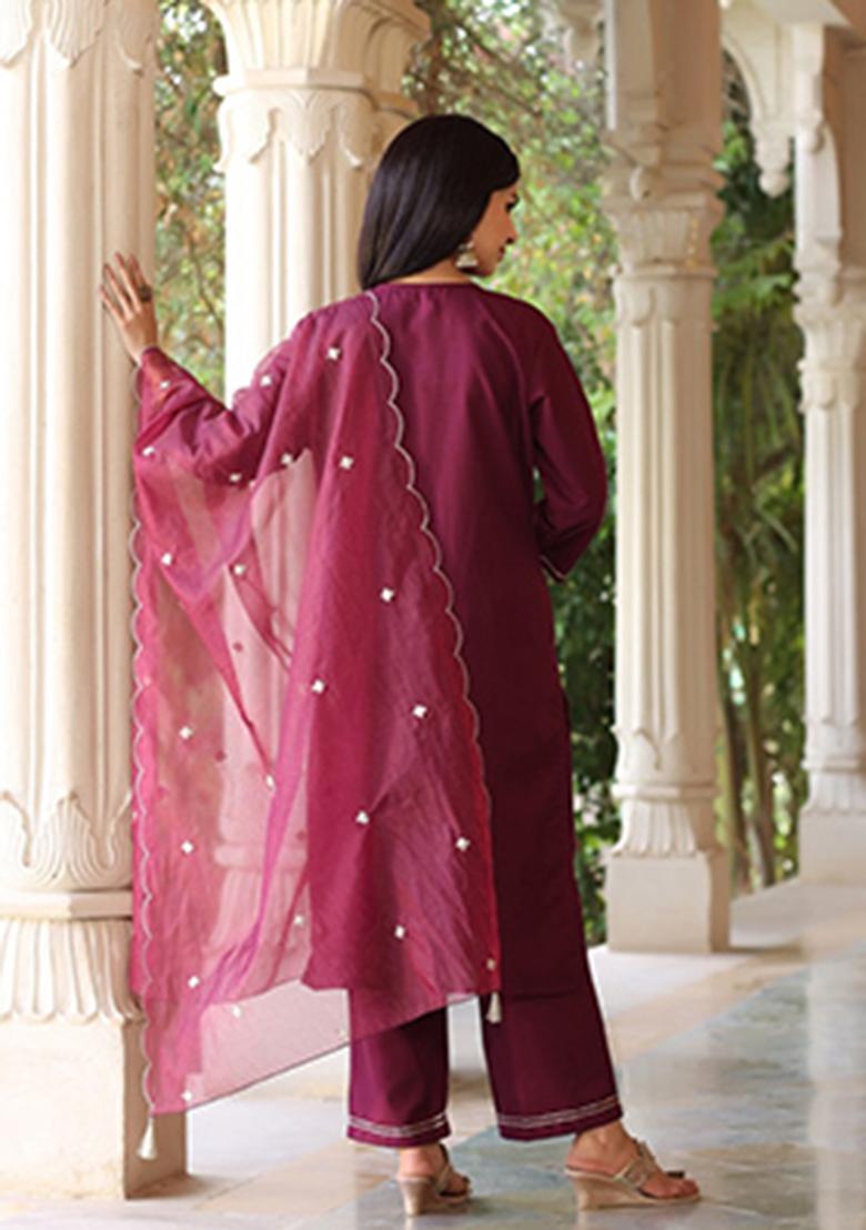 Wine Embroidered Poly Silk Kurta Set