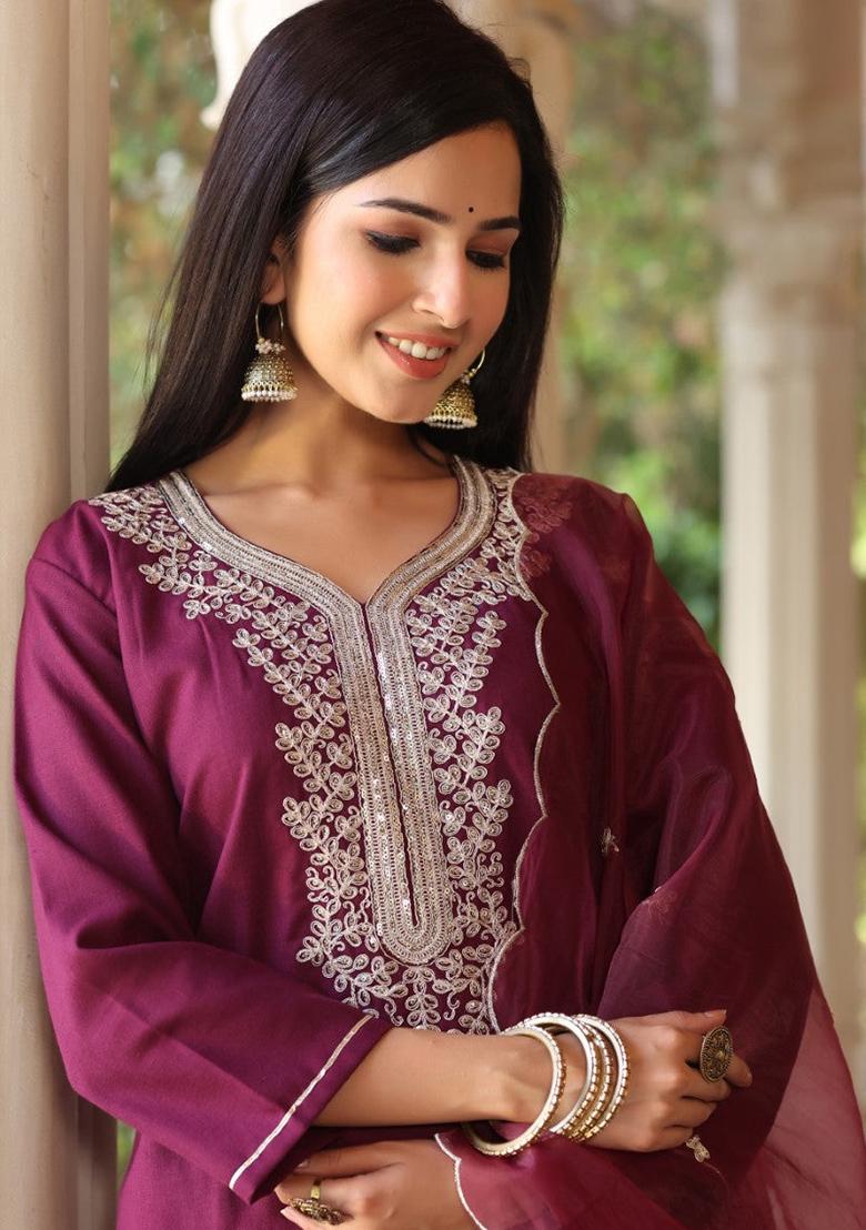 Wine Embroidered Poly Silk Kurta Set