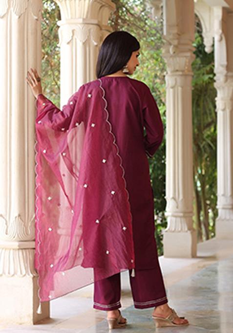 Wine Embroidered Poly Silk Kurta Set