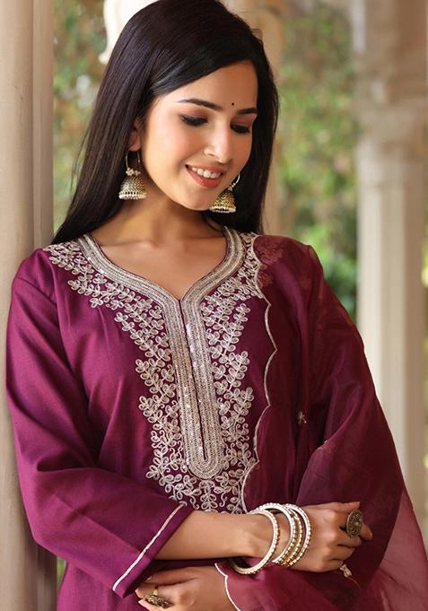 Wine Embroidered Poly Silk Kurta Set