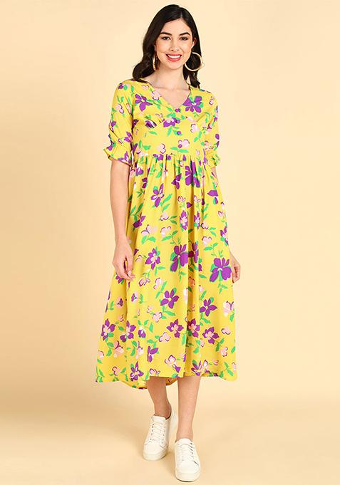 Yellow Printed Georgette Dress