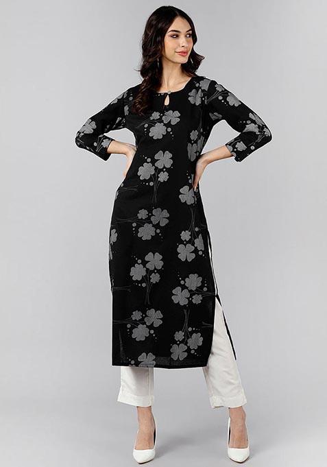 Black Printed Cotton Kurta