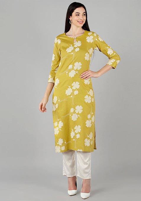 Yellow Printed Cotton Kurta