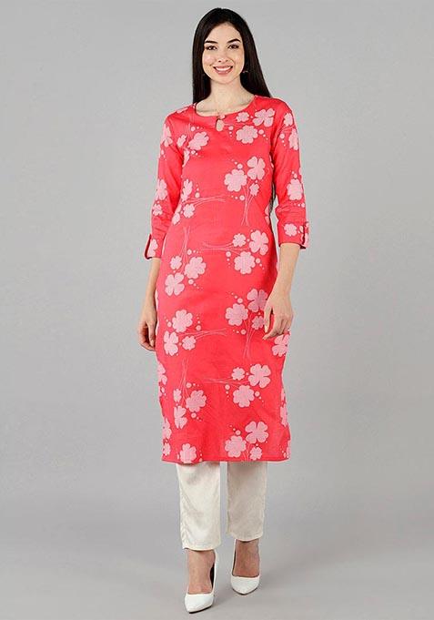 Pink Printed Cotton Kurta