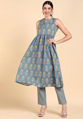 Blue Printed Cotton A Line Kurta Set