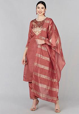 Rust Yoke Design Poly Silk Kurta Set