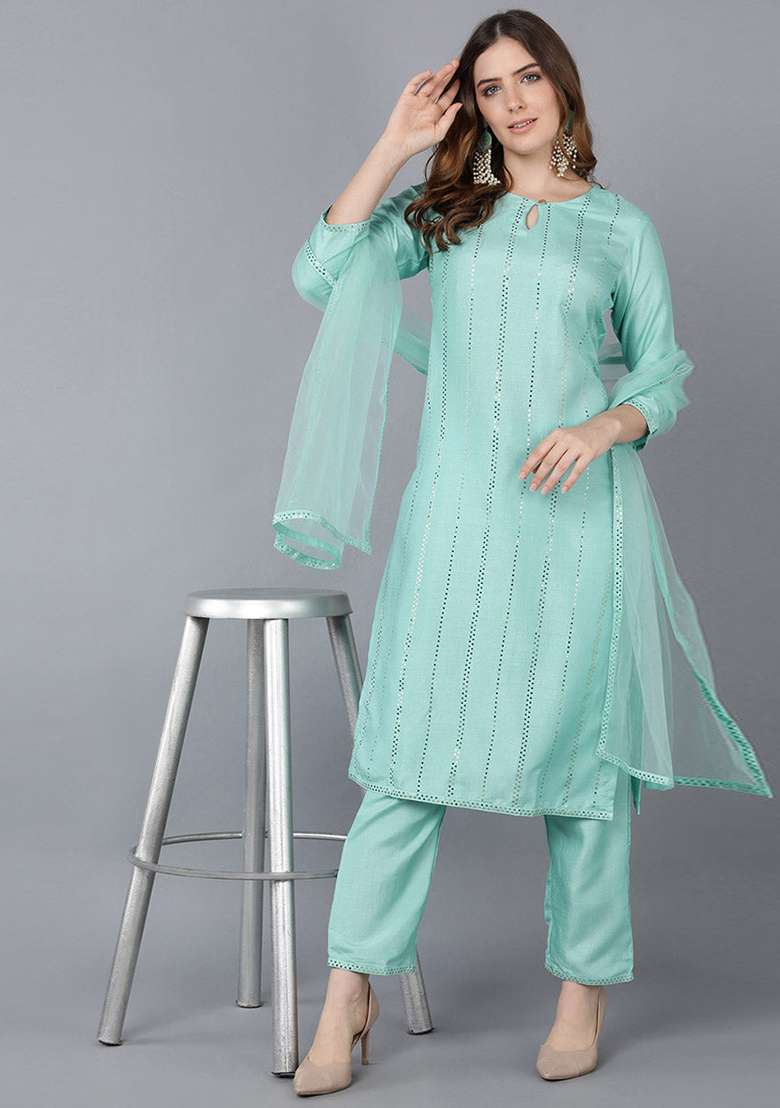 Sea Green Sequin Work Silk Blend Straight Kurta Set - Indya