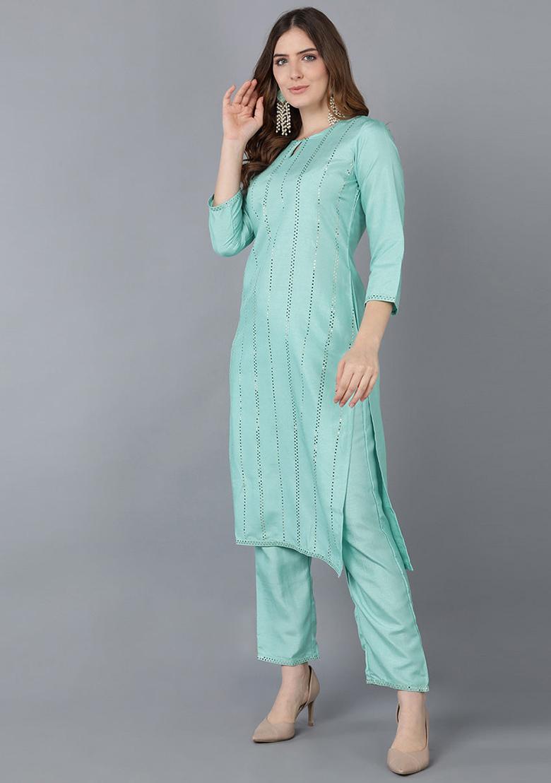 Sea Green Embroidered Poly Silk Kurta Set