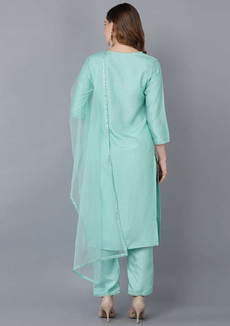 Sea Green Sequin Work Silk Blend Straight Kurta Set - Indya