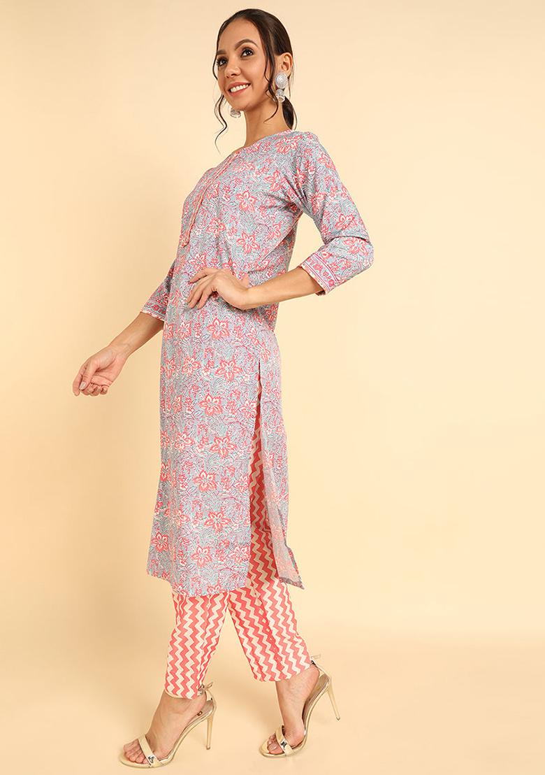 Grey Printed Chiffon Kurta Set