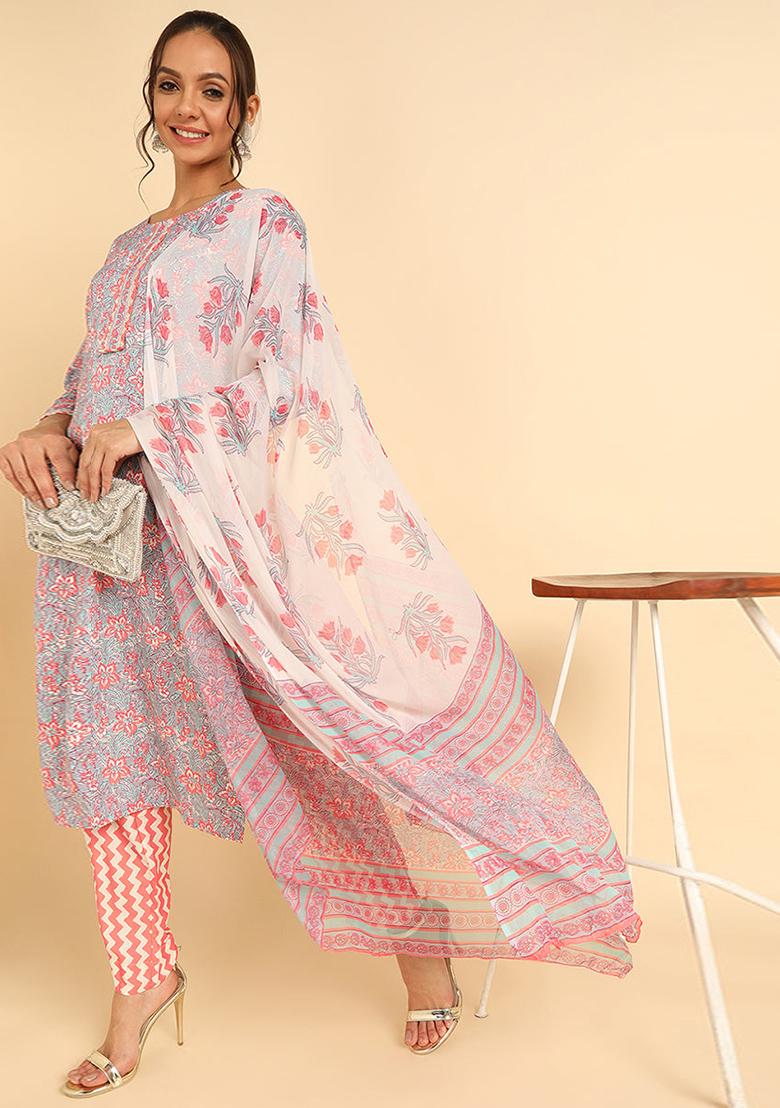 Grey Printed Chiffon Kurta Set