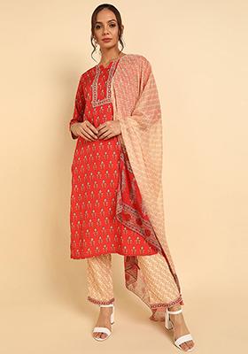 Red Printed Crepe Kurta Set