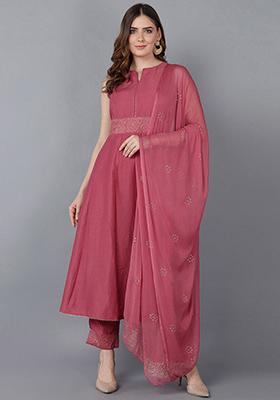 Peach Printed Poly Silk Kurta Set