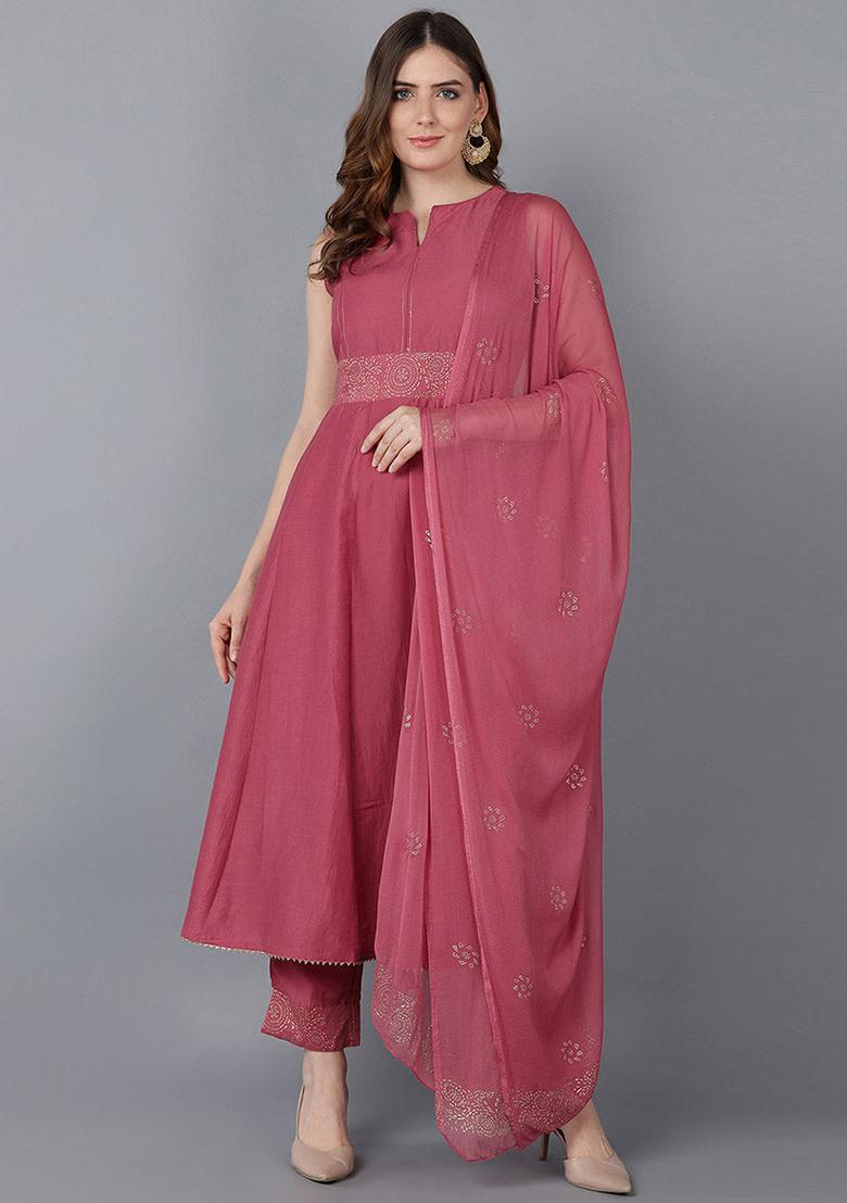 Peach Printed Poly Silk Kurta Set