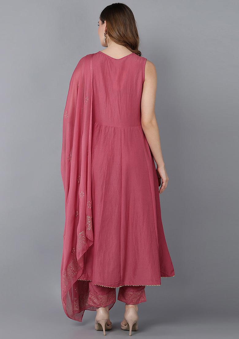 Peach Printed Poly Silk Kurta Set