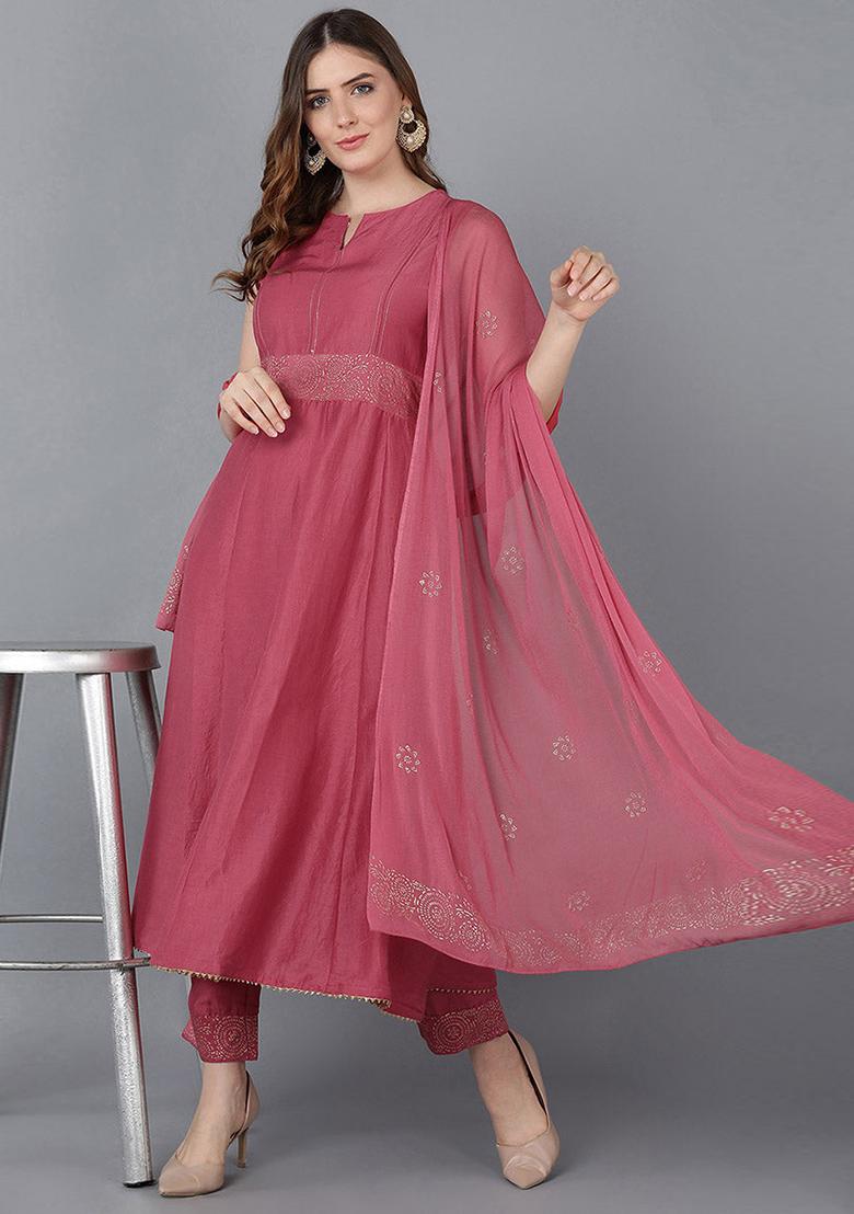 Peach Printed Poly Silk Kurta Set