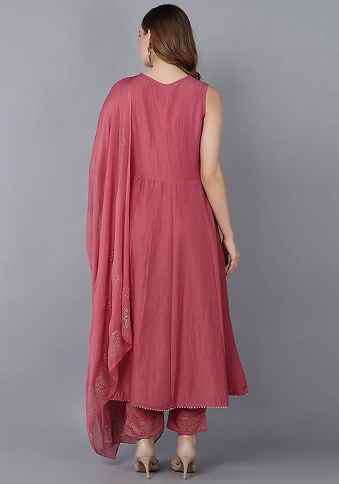 Peach Printed Poly Silk Kurta Set