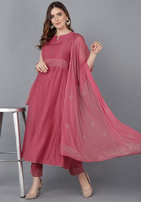 Peach Printed Poly Silk Kurta Set