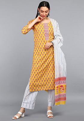 Mustard Printed Polyester Kurta Set