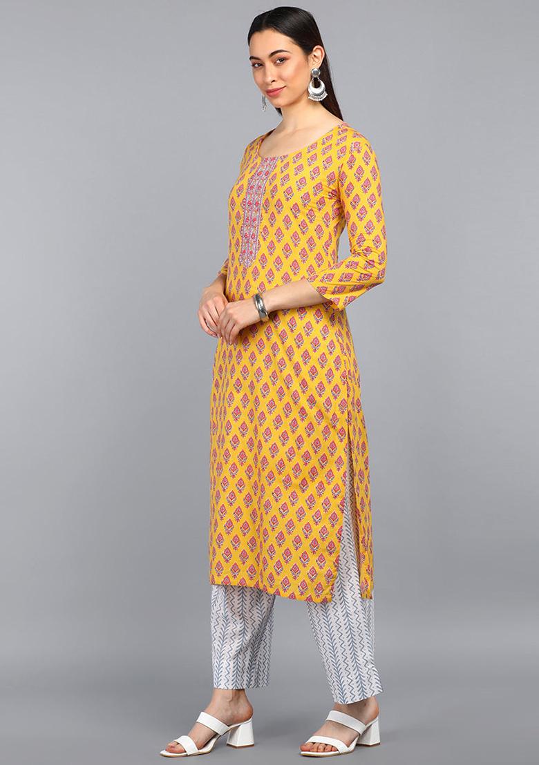 Mustard Printed Polyester Kurta Set
