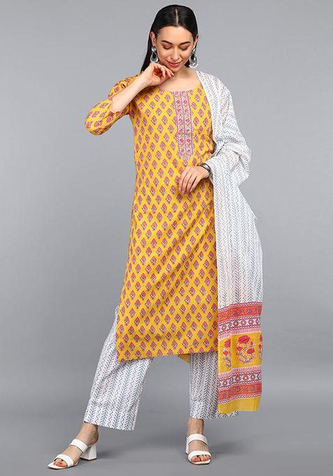 Mustard Printed Polyester Straight Kurta Set