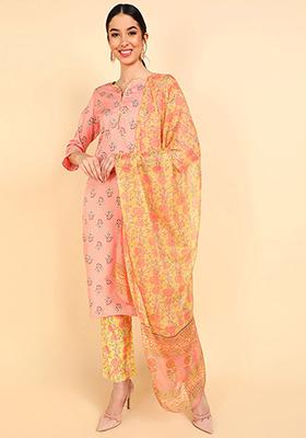 Peach Printed Polyester Kurta Set