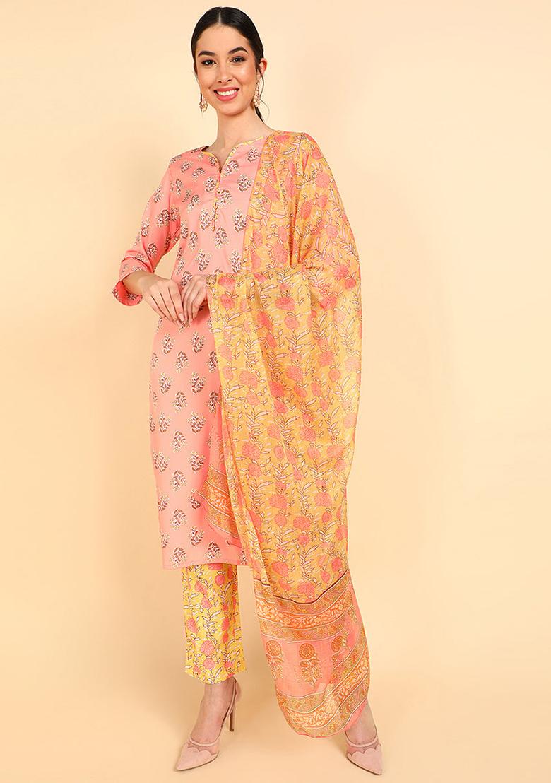 Peach Printed Polyester Kurta Set