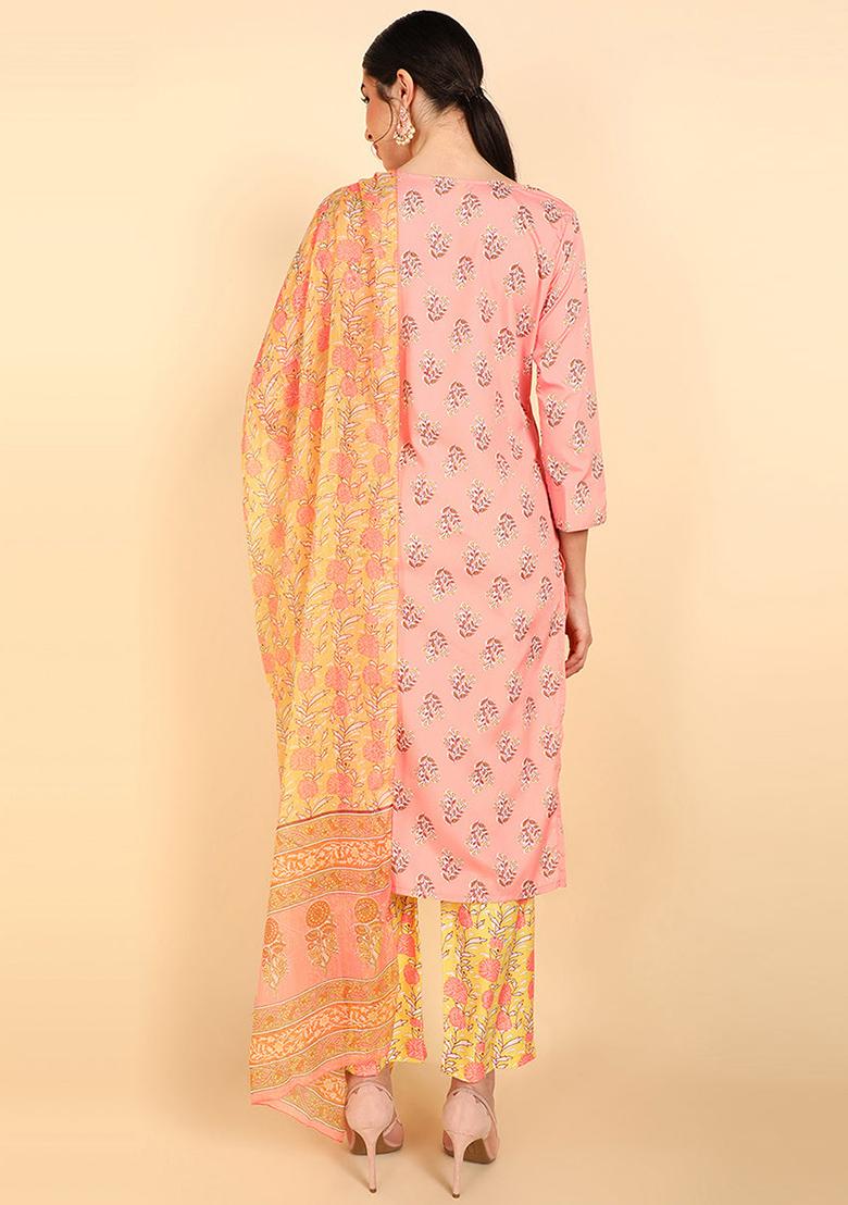 Peach Printed Polyester Kurta Set
