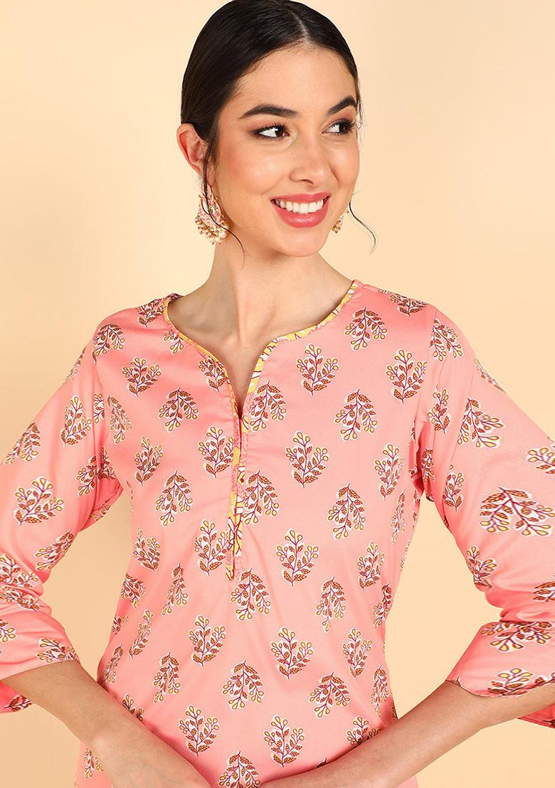 Peach Printed Polyester Kurta Set