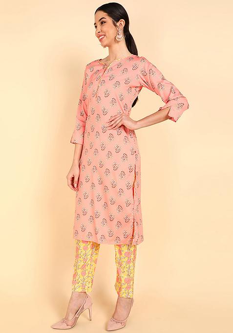 Peach Printed Polyester Kurta Set