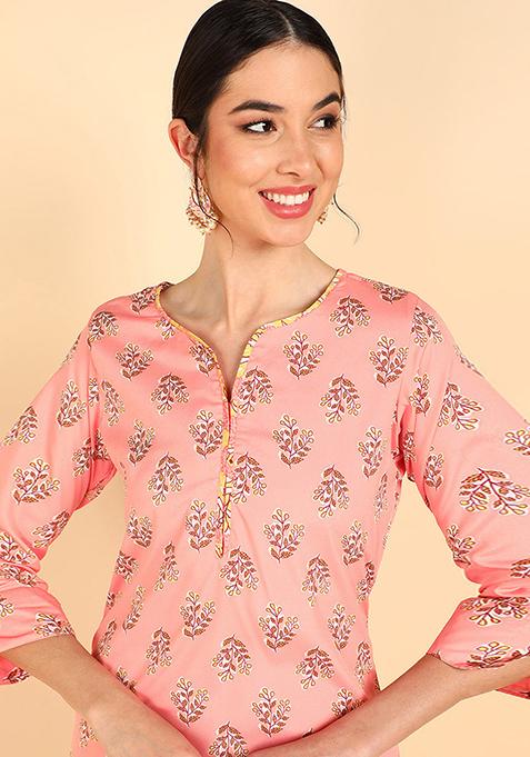 Peach Printed Polyester Kurta Set