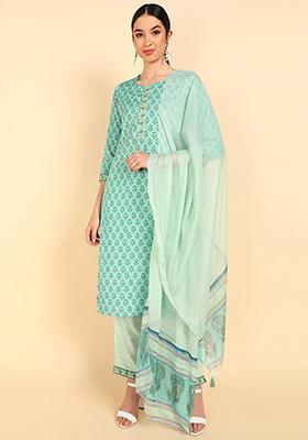Sea Green Printed Polyester Kurta Set