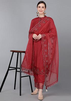 Red Embroidered Poly Silk Kurta Set