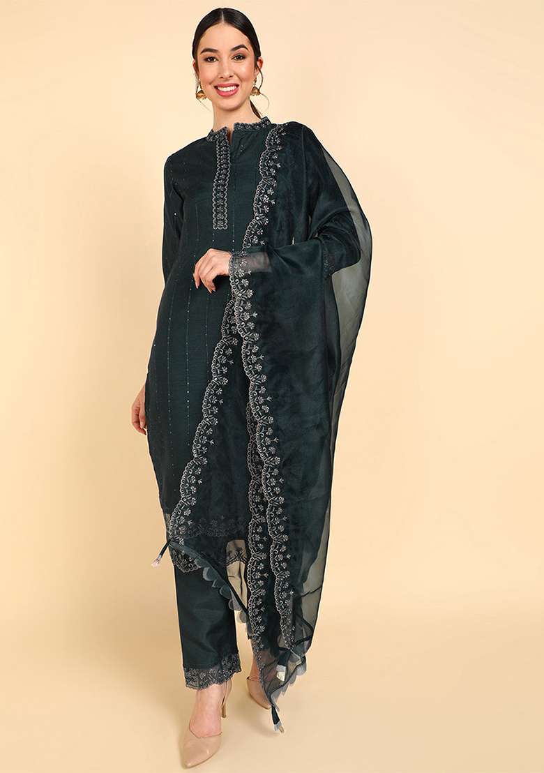 Teal Embroidered Silk Blend Straight Kurta Set - Indya