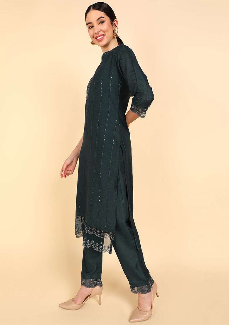 Teal Embroidered Silk Blend Straight Kurta Set - Indya